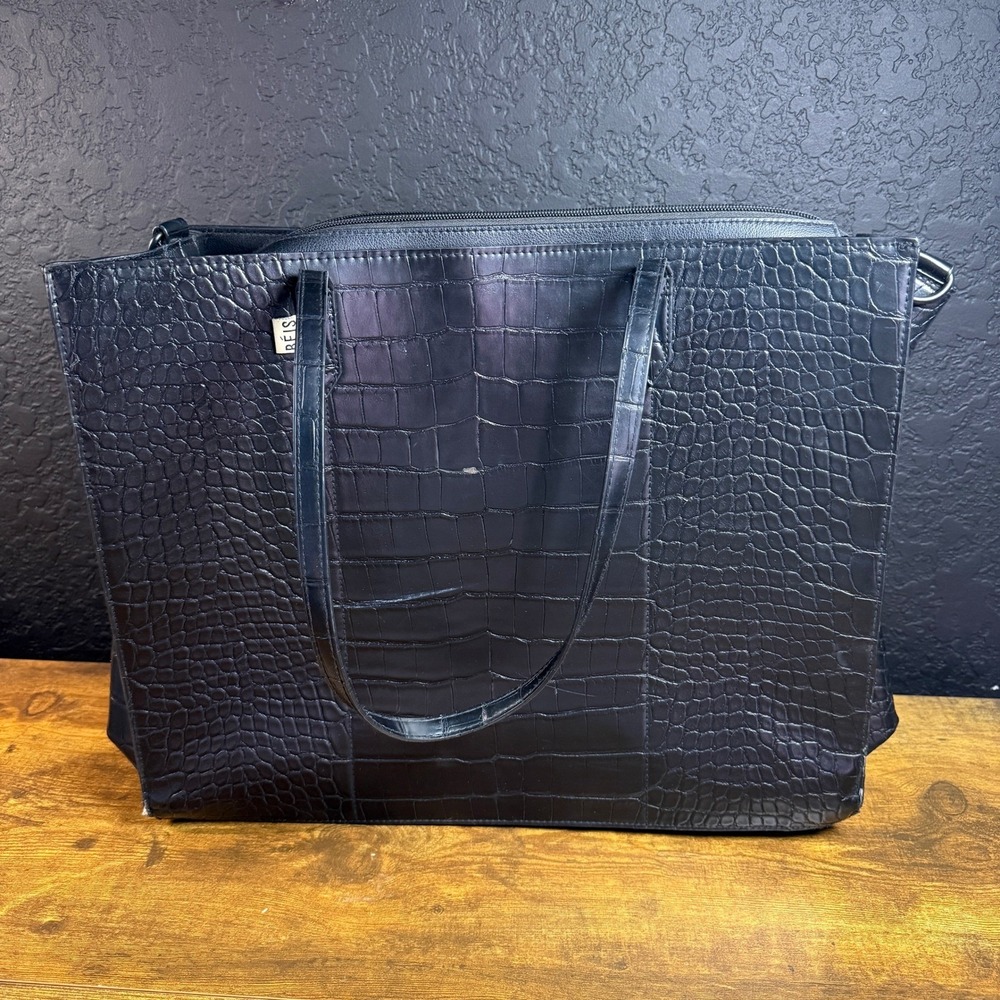 BEIS The Work Tote Black Croc Embossed Vegan Leather Laptop Bag Womens Large